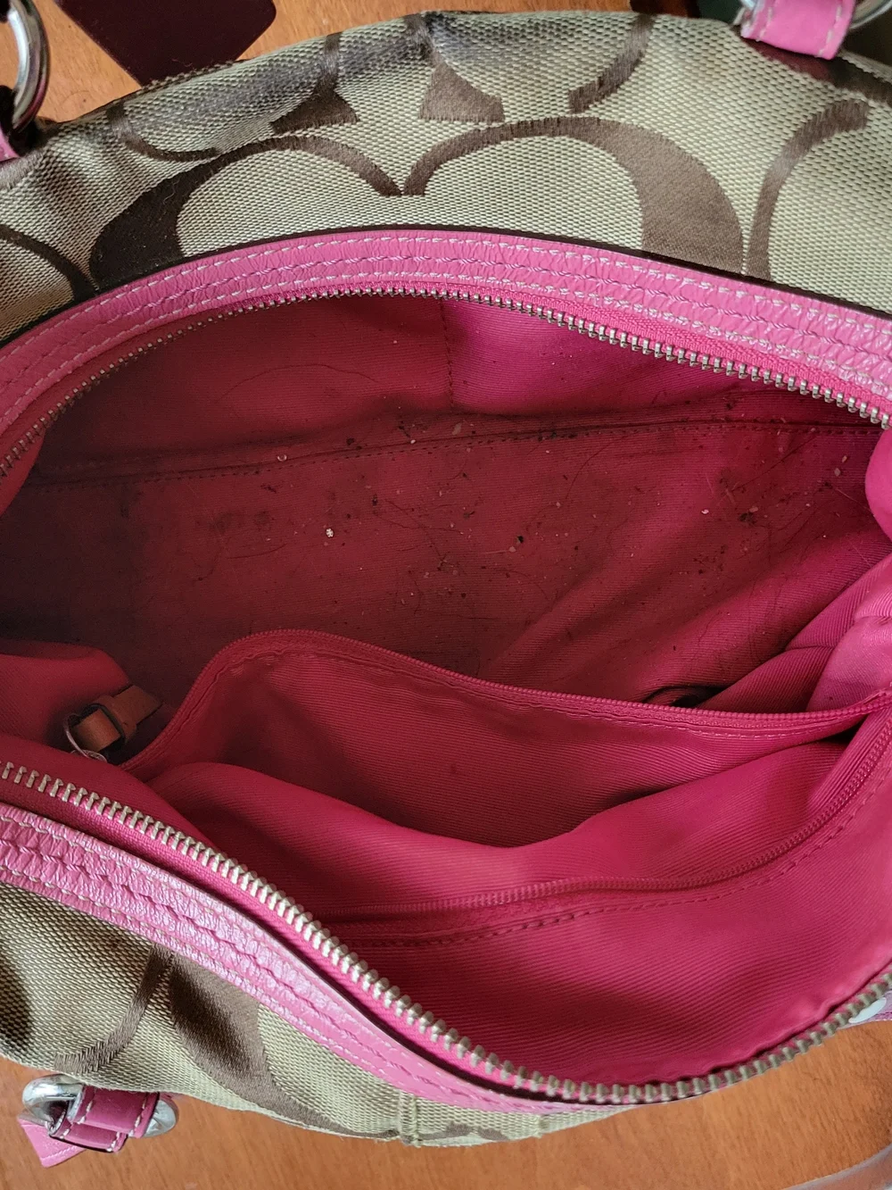 Coach Brown Logo Satchel with Pink Leather Trim